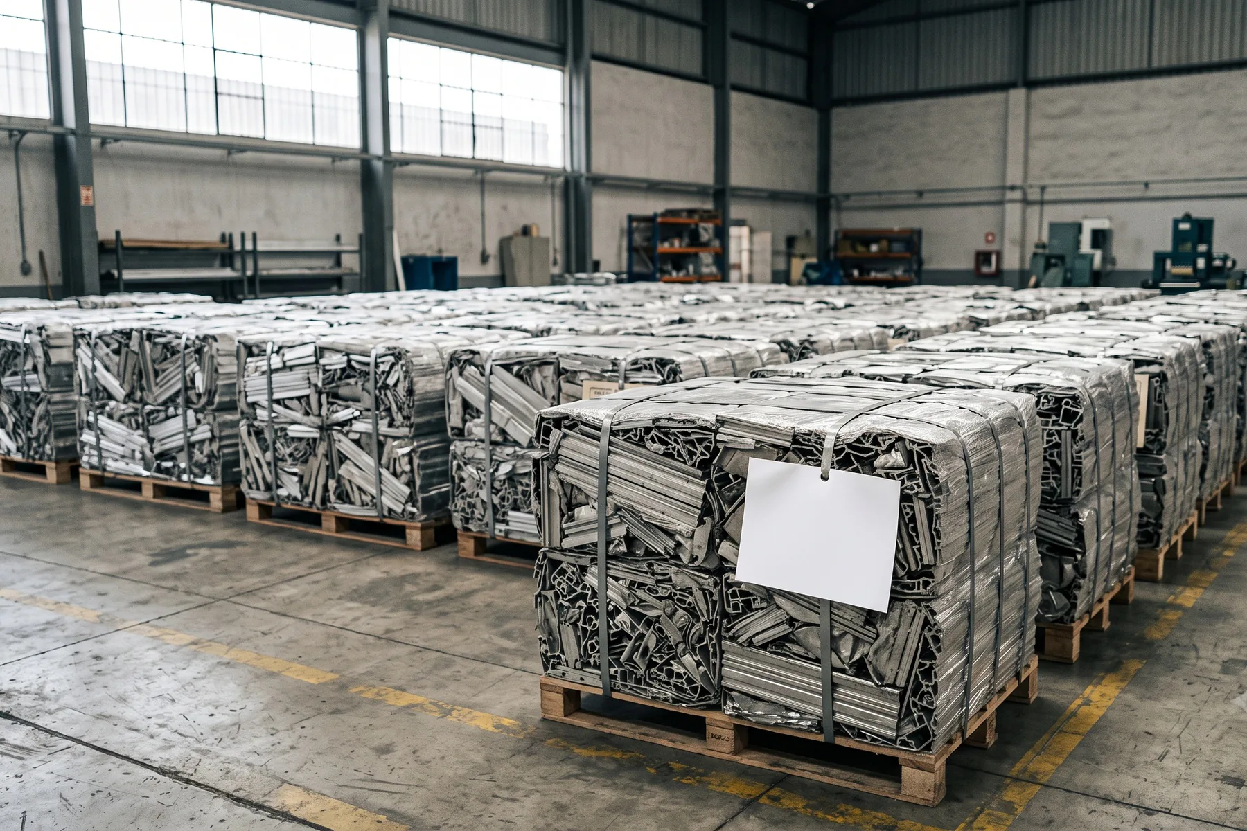Pacas de aluminio prensado etiquetadas y ordenadas sobre parihuelas en un almacén