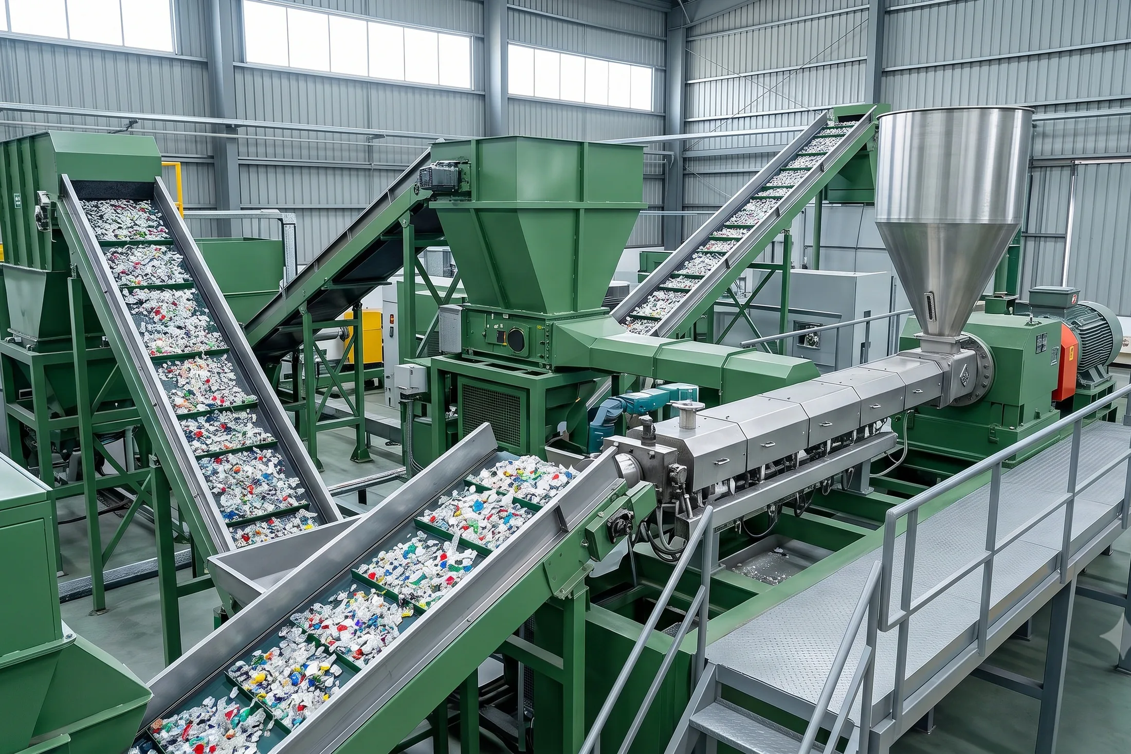 Interior de una planta de procesamiento de plástico reciclado con cintas transportadoras